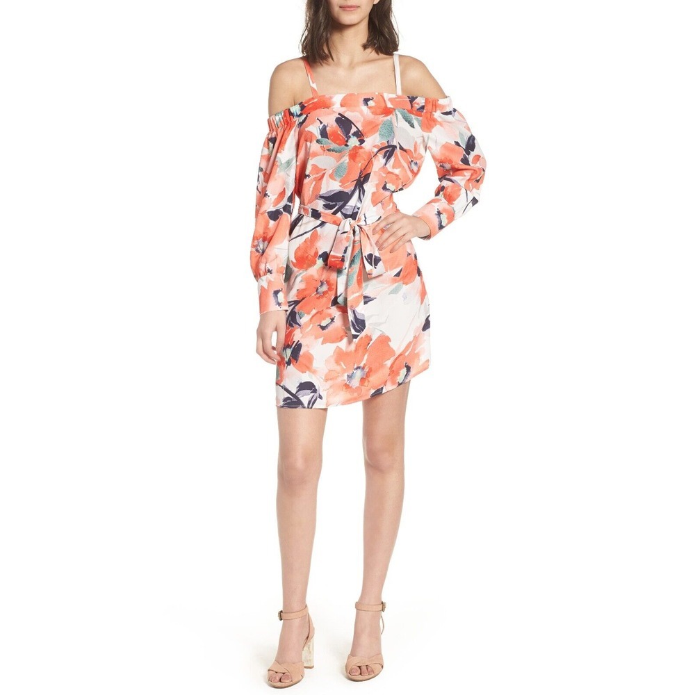Bishop+Young Chrissy Cold Shoulder Dress Womens M Long Sleeve Tie Waist Floral